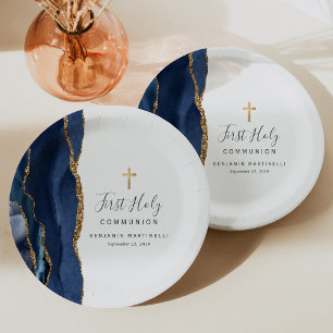Navyblaue Achat-Gold-Glitter-Taufe Pappteller