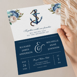 Navyblaue Blumen-Anker-Hochzeit mit allem in einem Einladung