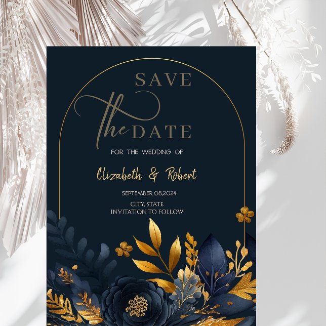 Navyblaue Blumen Goldene Blätter Flach Save The Da Date (Von Creator hochgeladen)