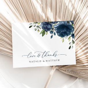 Navyblaue Blumen, Grün, Boho, Florale Hochzeit Dankeskarte