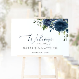 Navyblaue Blumen, Grün, Boho, Hochzeitsbegrüßung Poster