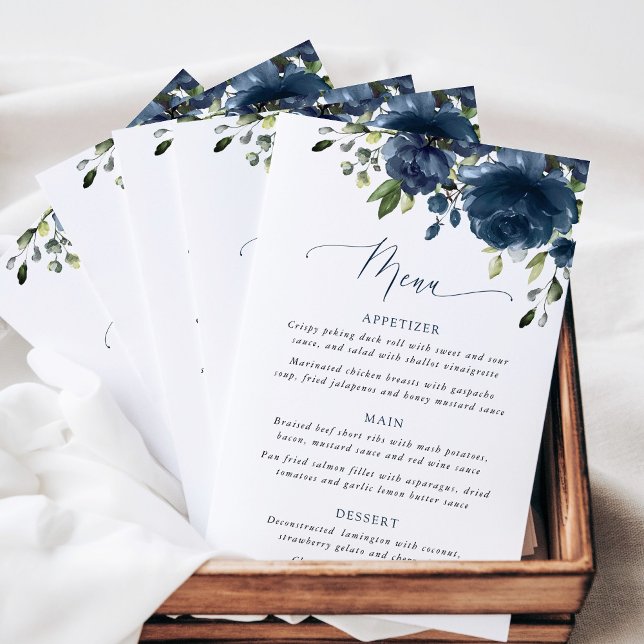 Navyblaue Blumen, Grün, Boho, Hochzeitsmenü (Von Creator hochgeladen)