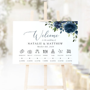 Navyblaue Blumen, Grünzeug, Hochzeits-Zeitplan Poster