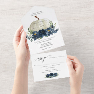 Navyblaue Blumen-Kürbis-Hochzeit All In One Einladung