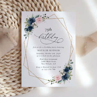 Navyblaue Blumen, rosa Blumen, Boho, Geburtstag Einladung