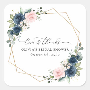 Navyblaue Blumen, rosa Blumen, Brautparty Quadratischer Aufkleber