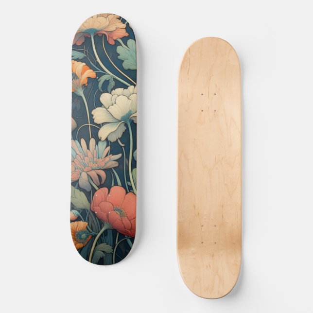 Navyblaue Blumen Skateboard (Vorderseite)