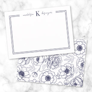 Navyblaue Blumenmonogramm mit Namen Mitteilungskarte