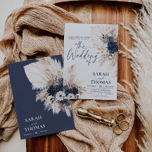 Navyblaue bohemianische Pampas-Hochzeitseinladungs