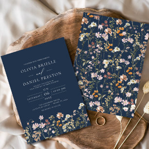 Navyblaue Boho-Wildblumengarten-Hochzeit Einladung