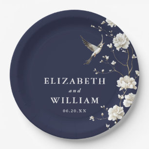 Navyblaue Chinoiserie-Blumengarten-Hochzeit Pappteller