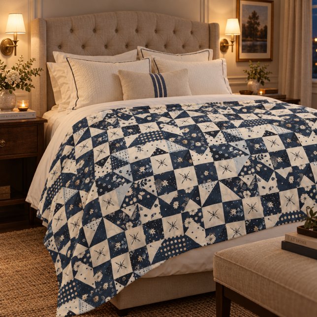 Navyblaue Creme-Quilt-Patchwork-Gingham-Patchwork Fleecedecke (Von Creator hochgeladen)