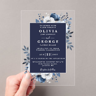 Navyblaue florale botanische moderne Hochzeit Acryleinladungen