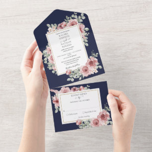 Navyblaue Florale Goldene Geometrische Hochzeit All In One Einladung