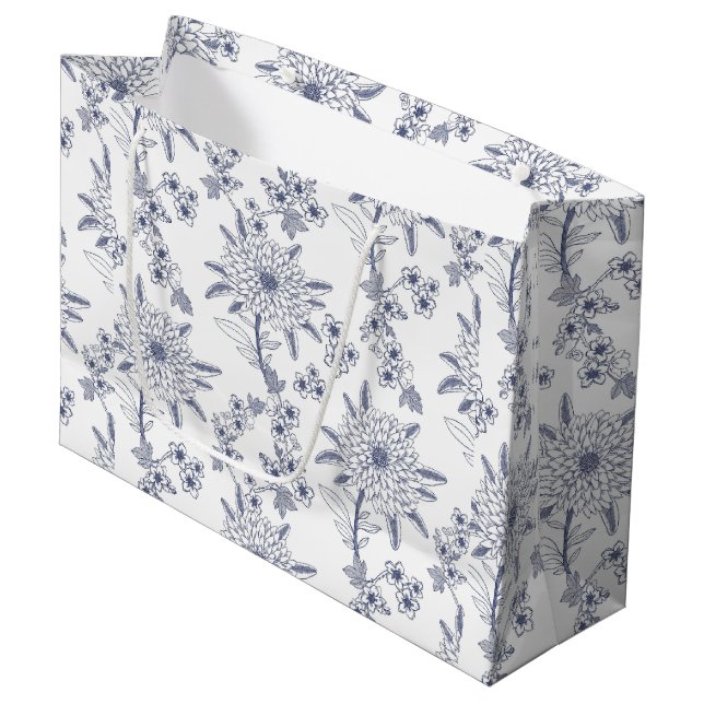 Navyblaue florale nahtlose Muster Große Geschenktüte (Vorderseite Schrägansicht)