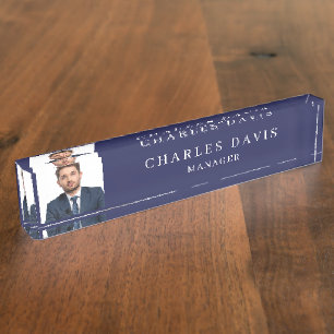Navyblaue Foto Büro Namensplakette