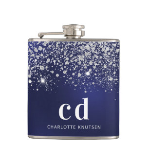 Navyblaue Glitter-Silber-Monogramm-Initialen Flachmann