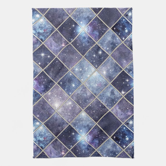 Navyblaue Himmel Diamantgitter Stern Geschirrtuch (Vertikal)