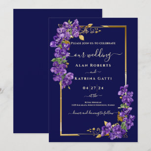 Navyblaue Hochzeit Lila Veilchen Goldrahmen Einladung