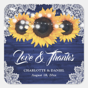 Navyblaue Holz-Lace-Sonnenblumen-Hochzeit Danke Quadratischer Aufkleber