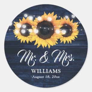 Navyblaue Holz-Mr-und-Mrs-Sonnenblumen-Hochzeit Runder Aufkleber