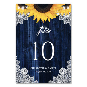 Navyblaue Holz-Sonnenblumen-Lichterkette Florales  Tischnummer