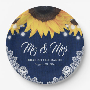 Navyblaue Jute-Blumen-Spitze-Sonnenblumen-Hochzeit Pappteller