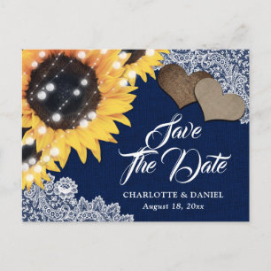 Navyblaue Jute-Sonnenblumen-Hochzeit-Save-The-Date Ankündigungspostkarte