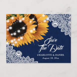 Navyblaue Jute-Sonnenblumen-Hochzeit Save The Date Ankündigungspostkarte