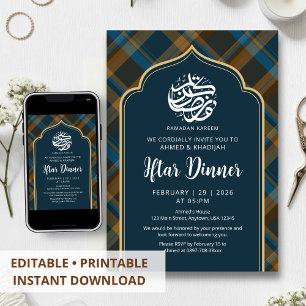 Navyblaue Karo-Rahmen-Ramadan-Iftar-Einladung Einladung