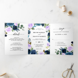 Navyblaue Lila-Lavendel-Boho-botanische Hochzeit Dreifach Gefaltete Ankündigung