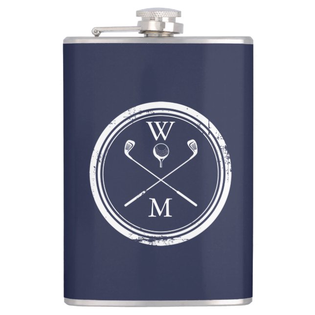 Navyblaue personalisierte Monogramm-Initialen Golf Flachmann (Vorderseite)