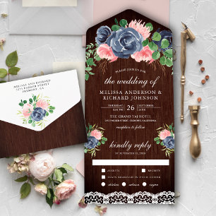 Navyblaue Rosa Florale Spitze Barn Holz Hochzeit All In One Einladung