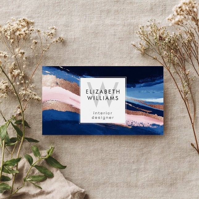 Navyblaue rosa Roségold-Monogramm Visitenkarten (Von Creator hochgeladen)