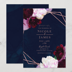 Navyblaue Roségoldene Florale Moderne Glamour-Hoch Einladung