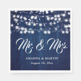 Navyblaue Rustikale Holz-Lichterkette Mr und Mrs Serviette
