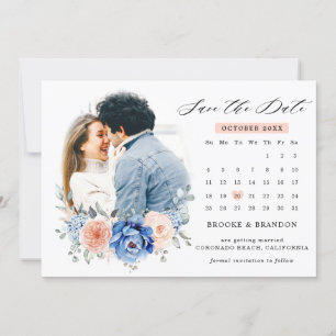 Navyblaue Schieferstaubige Rosé-Blumen-Hochzeitsfo Save The Date