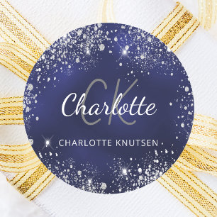 Navyblaue Silber-Glitter-Staub-Monogramm-Name Runder Aufkleber