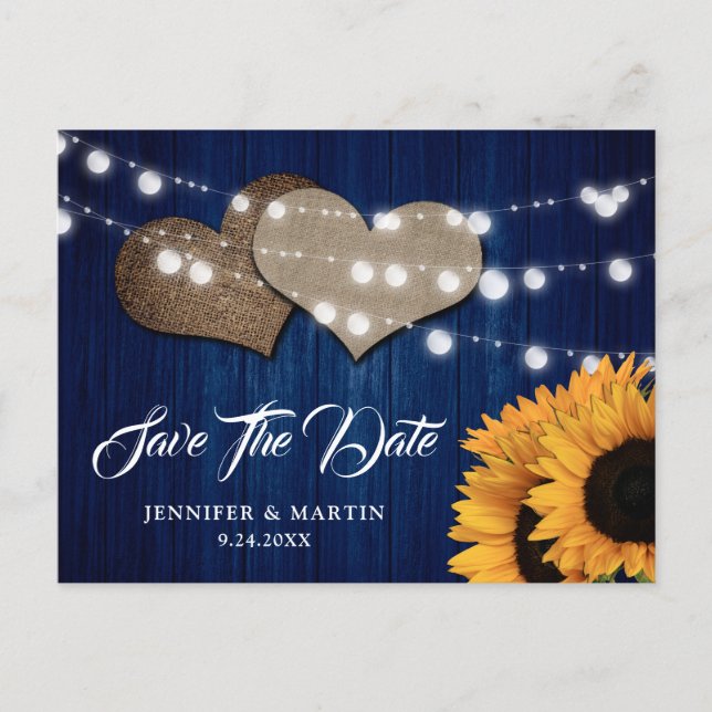 Navyblaue Sonnenblumen-Holzschnurlichter Hochzeit Postkarte (Vorderseite)