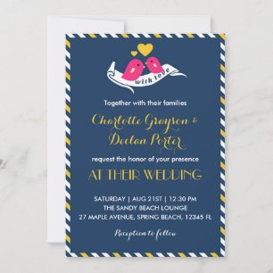 Navyblaue Streifen Liebesvögel Hochzeitseinladung Einladung