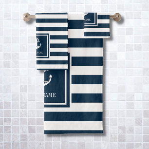 Navyblaue Streifen Marineanker Bootsname Badhandtuch Set