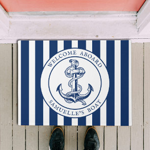 Navyblaue Streifen Maritimer Bootsname Anker Seil Fußmatte