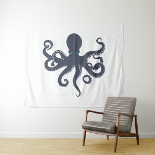 Navyblaue Tintenfisch-Illustration auf Weiß Wandteppich