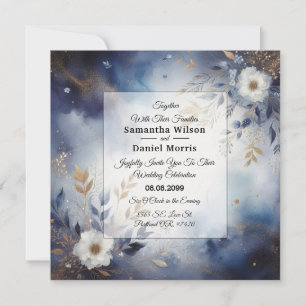 Navyblaue und goldene florale Hochzeit  Einladung