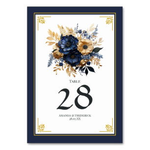 Navyblaue und goldene florale Hochzeit Tischnummer