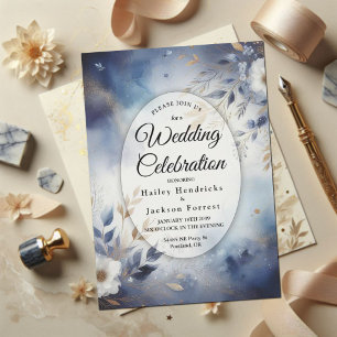 Navyblaue und goldene Hochzeit mit floralen Motive Einladung