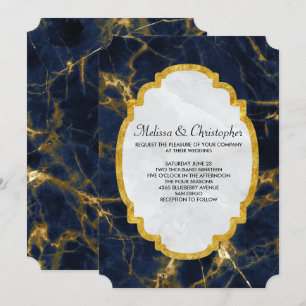 Navyblaue und goldene Marmor-Hochzeit im modernen Einladung