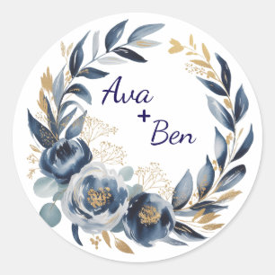 Navyblaue und goldene Pfingstrosen-Hochzeit Runder Aufkleber