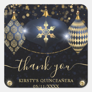 Navyblaue und goldene Weihnachts-Baubles Quinceane Quadratischer Aufkleber