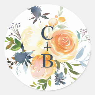 Navyblaue und korallene Aquarell-Blumenhochzeit Runder Aufkleber